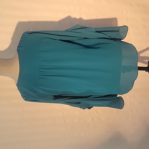 INC International Concepts Teal Blue V-Neck Blouse with Ruffled Sleeves, Size: S - Picture 6 of 10